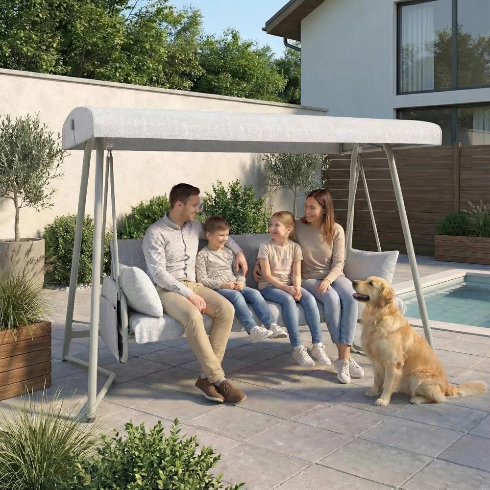 Extra-large Outdoor Porch Swing for 3-4 People, with Adjustable Backrest and Sunshade, 2-in-1 Swing Bed, Customizable