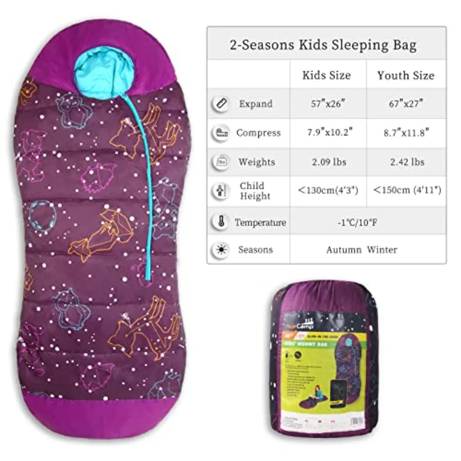 Glow in the Dark Mummy Sleeping Bag for and Youth Temperature Rating 30°F/-1°C Water-Resistant for Camping Hiking and Slumber Party