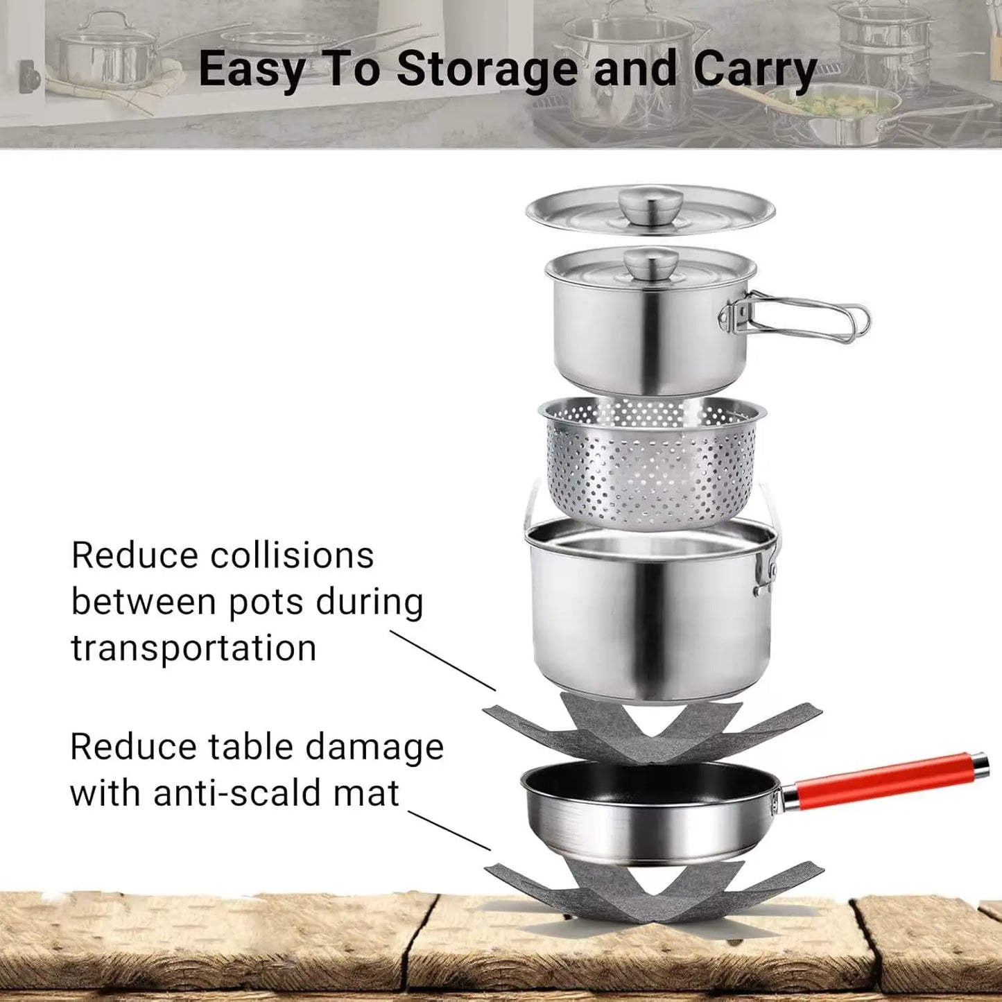 Camping Cookware Set 304 StainlSteel Cooking Pots Pan Set with Travel Tote Bag for Camping Outdoor