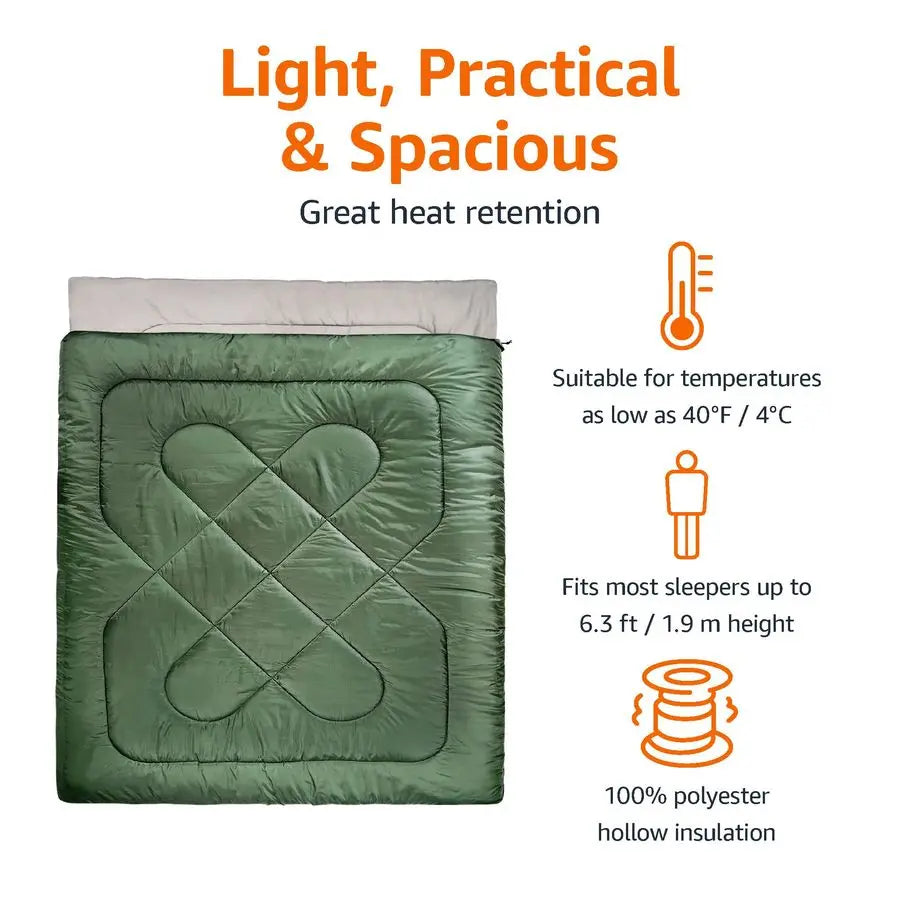 40F Cold Weather TwoPerson Sleeping Bag for Outdoor Camping, Queen Size XL, 87 x 59, Olive Green