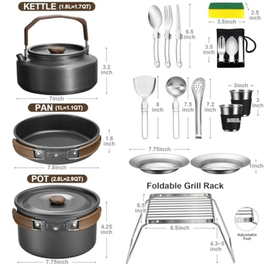 18Pcs Camping Cookware Mess Kit, 7.8" Nonstick Camp Cooking Utensil Set Pot, Pan, Kettle, Grill Grate,Outdoor Backpacking Gear