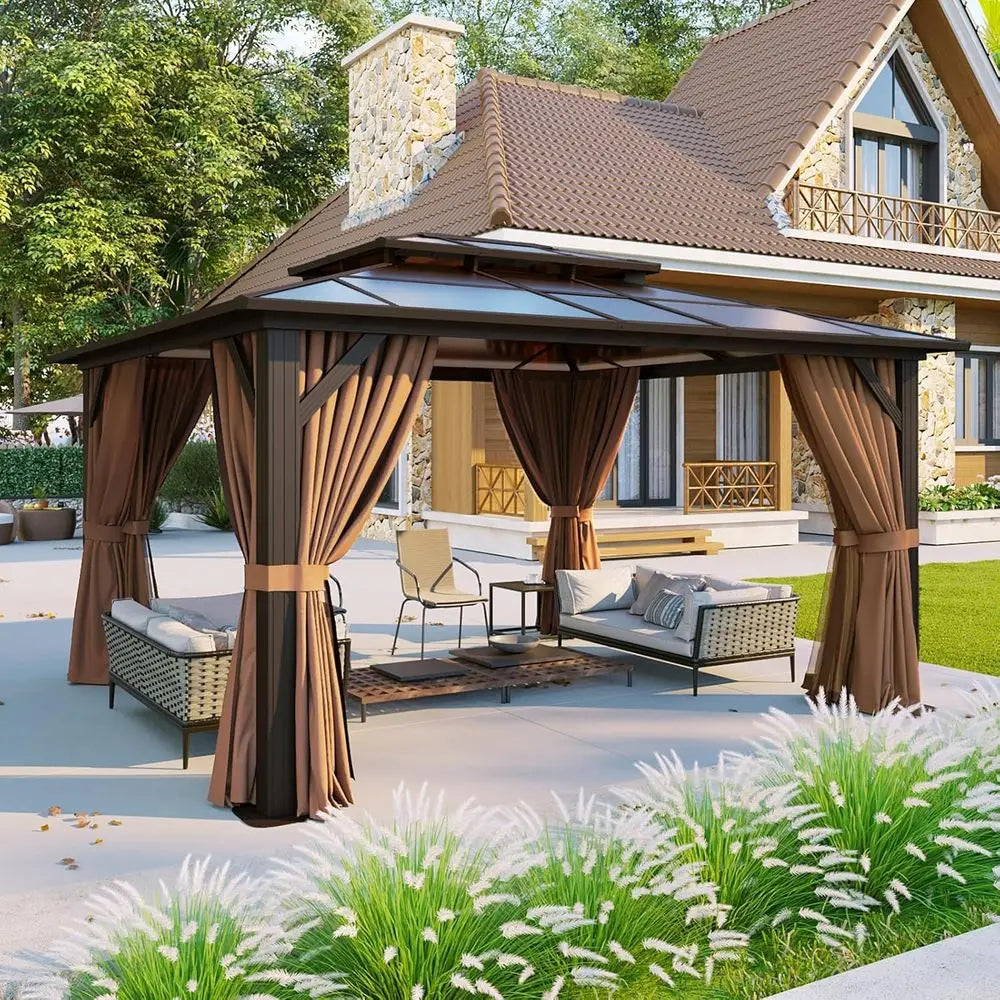 10x12 ft. Outdoor Poly Pavilion with Curtains & Netting, Ideal for Gardens and Patios, Brown