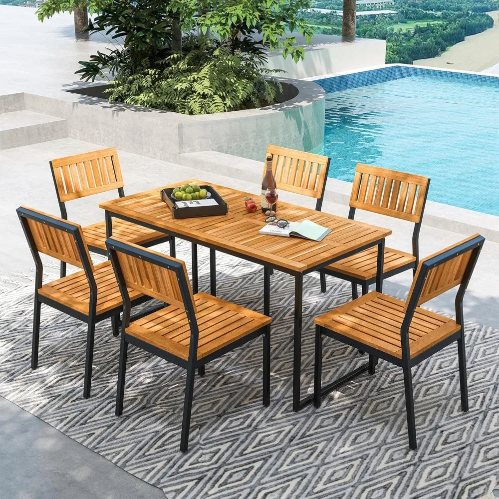 Patio Acacia Wood Dining Table for 6 Person, 55 Inches Rectangle Outdoor Table with Heavy Duty Metal Legs