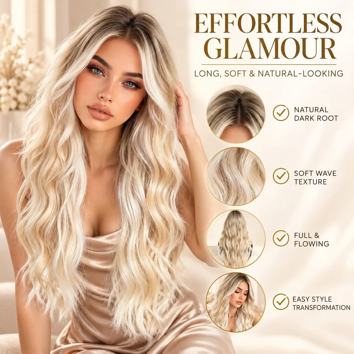 Halloween TopsShe 26 Inch Long Wavy Synthetic Wig Platinum Blonde with Dark Root, Heat Resistant Natural Looking Ombre Blonde Wigs for Women Cosplay Costume Party Daily Wear, Full Flowing Soft Wave Hair Styling Glamour Fashio