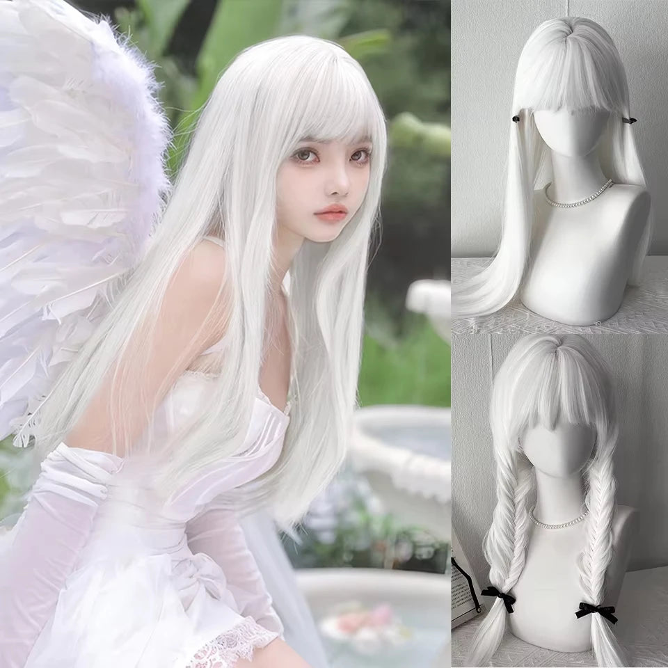 White Long Straight Wigs for Women with Bangs Natural Looking Synthetic Hair Wig for Halloween Cosplay Daily Use