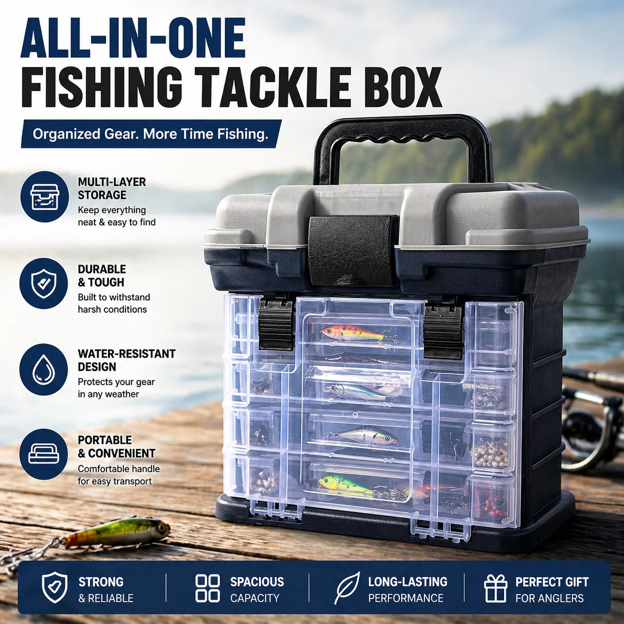 YJ Fishing Tackle Box Kit with Fishing Pliers 4-Tier Multi-Functional Fishing Handheld Storage Box Adjustable Dividers Portable Fishing Tackle Lure Tool Box Arts Crafts