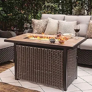Nuu Garden Outdoor 43" 50,000 BTU Propane Gas Fire Pit Table, Ceramic Tabletop and Rattan Weaved Iron Frame, Water-Proof Oxford