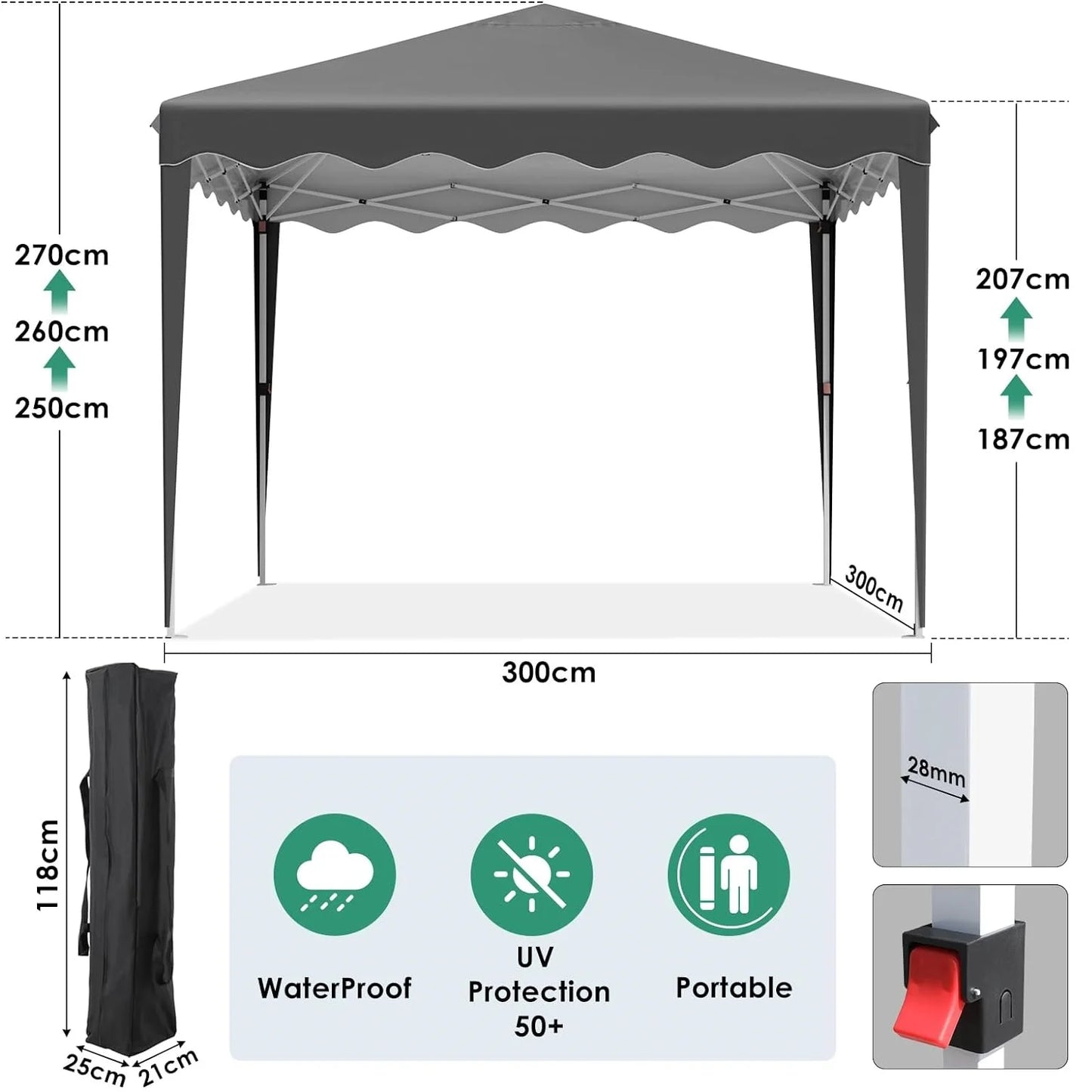 3x3m Pop Up Gazebo Marquee Outdoor Garden Party Tent ,Folding Camping Tent Canopy w/4 Sides & Sandbags Waterproof UV+50 Grey