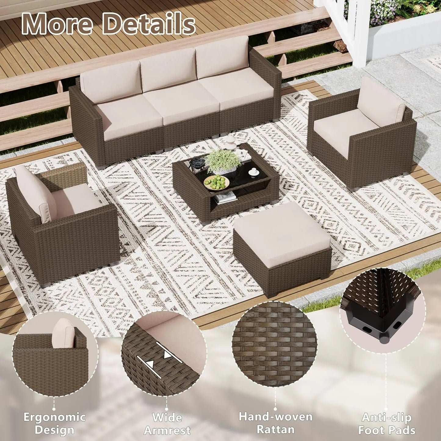 7pc Outdoor Patio Furniture Set Rattan Wicker Sectional Sofa Chairs Glass Table Cushions Brown Customized