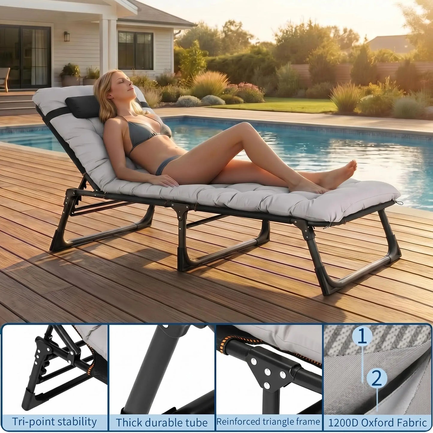 170/190/200cm Foldable Camping Cot For Adults With Mattress & Pillow, 5-Position Adjustable Portable Guest Bed, 400lb Capacity