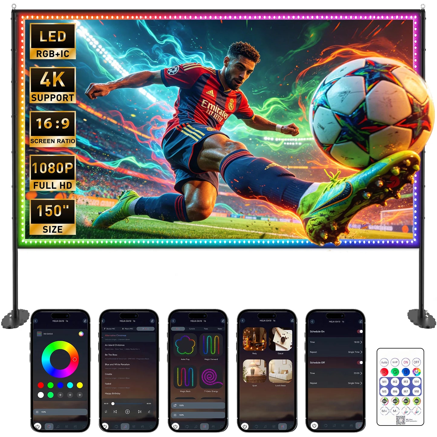 LED Projector Screen with Stand for Sports Events & Football Match, 150 inch 16:9 4K HD Portable Outdoor Movie Screen, Wrinkle-Free Foldable Indoor Projection Screen with Carry Bag & Ground Nails for Backyard Cinema Home Thea