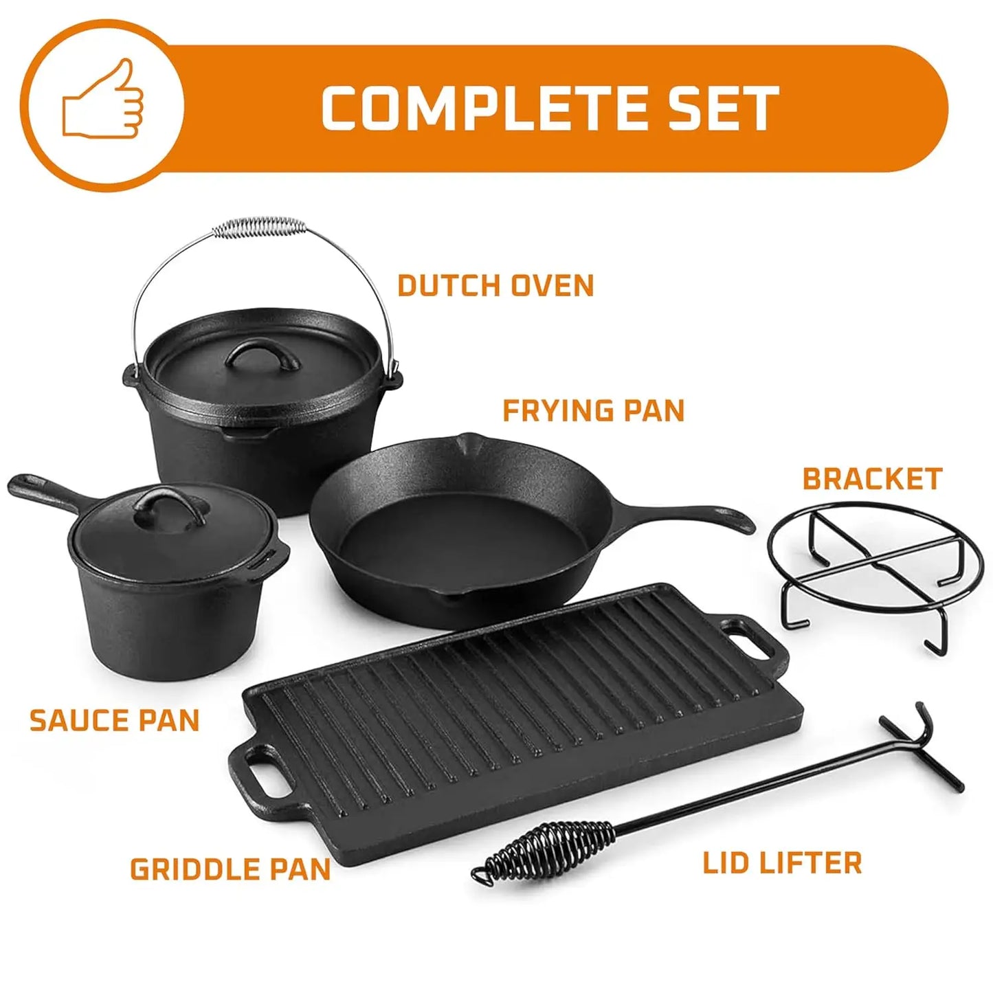 Camping Cooking Set Of 7. Pre Seasoned Cast Iron Pots And Pans Dutch Oven With Lids For Outdoor