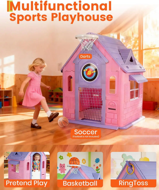Deluxe Pink & Purple Kids Playhouse Cottage – with Magnetic Dartboard, Basketball Hoop, Soccer Goal & Ring Toss – Indoor/Outdoor Toddler Activity Playset for Ages 2+