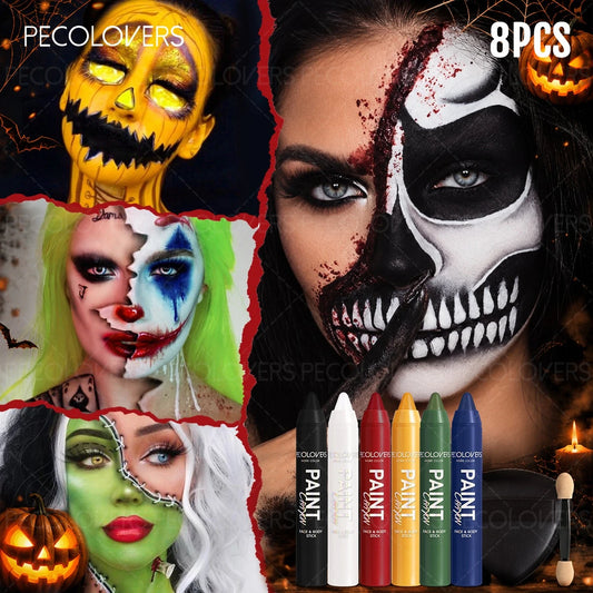 8PCS/SET Halloween Body Paint Sticks, Quick-Dry and Fade-Resistant, 6 Bright Colors, Includes Brush and Sponge, Non-Smudge Wear, For All Ages and All Skin Types