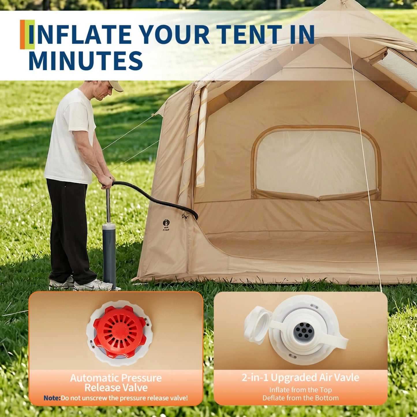Large Inflatable Camping Tent for 4-6 Adults - 8 Square Outdoor Shelter with Hand Pump - Quick Setup, Weather-Resistant