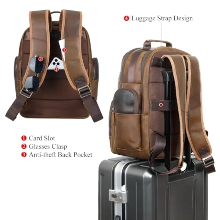 Vintage Leather Backpack 15.6 Laptop Bag Large Capacity Business Travel Hiking Shoulder Daypacks Brown Premium Material