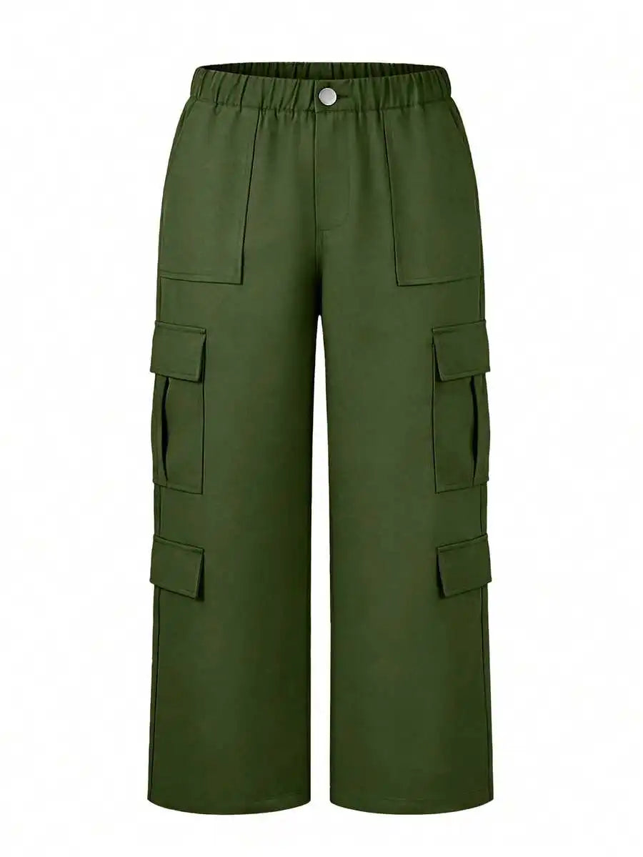 Olive Green Button Pocket Elegant Casual Commute Minimalist Cute Y2K Loose Straight Leg Non-Stretch Lightweight Plus Size Cargo