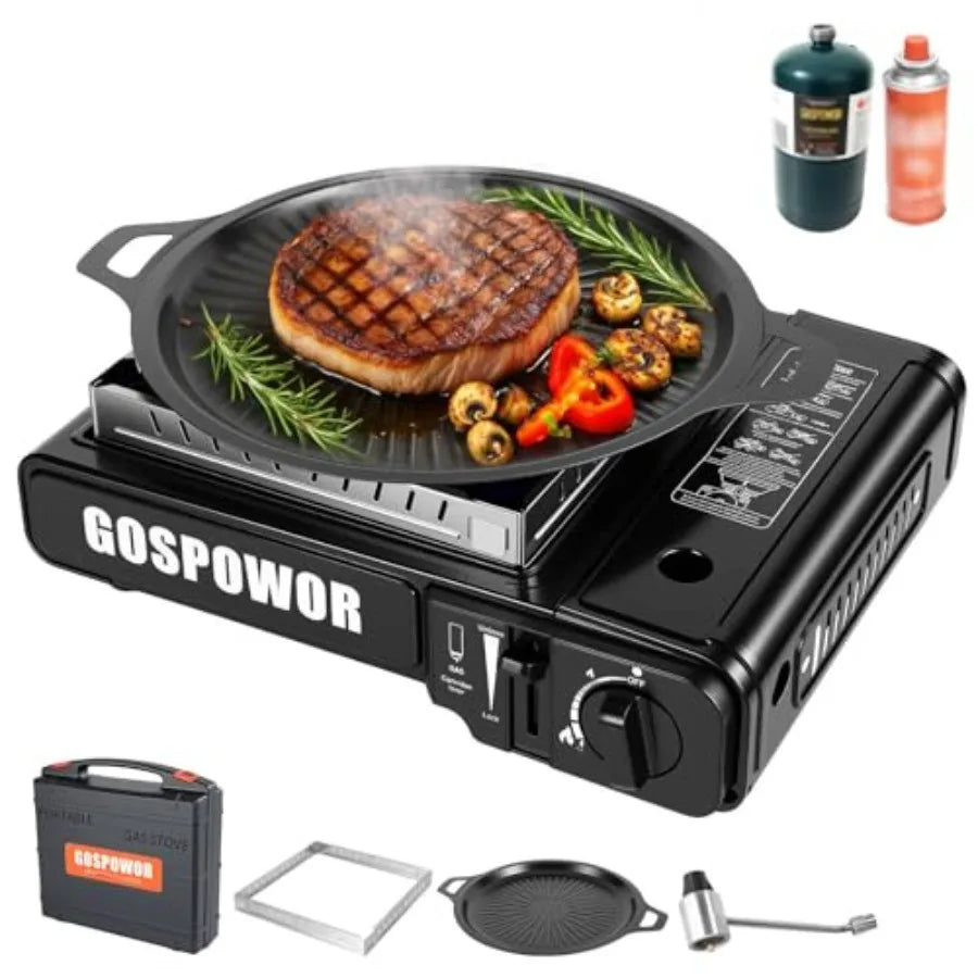 Propane or Butane Stove with Windblocker, Dual Fuel 10, 000 BTU Portable Gas stove for Camping, Automatic Ignition Gas Stove wi