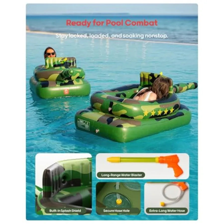 Inflatable Tank Pool Float for Adults and Ride-On Camouflage Floaty with Water Cannon Swim Raft Toy for Boys Girls Lake Beach B