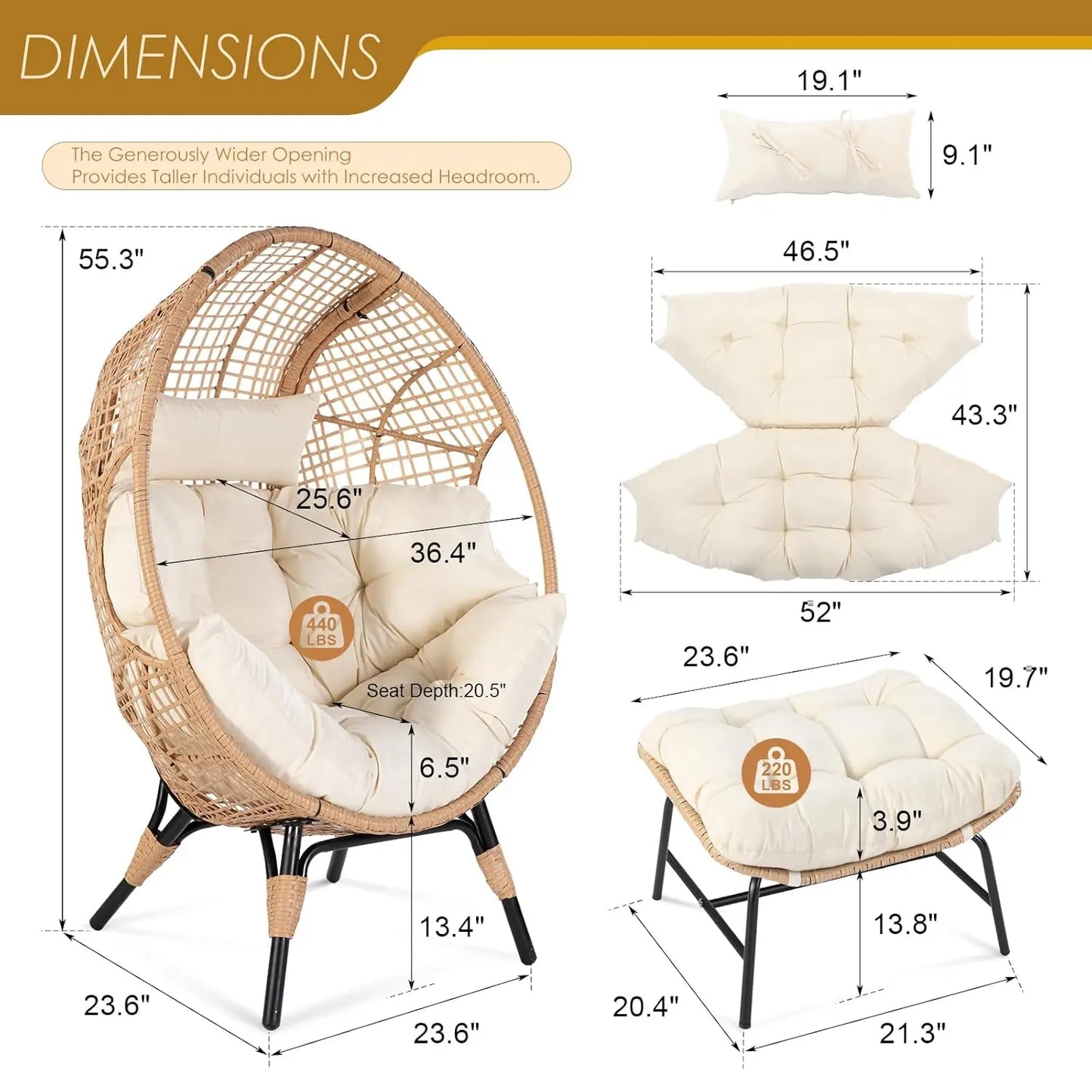 Indoor Outdoor Egg Chair with Ottoman Thick Cushioned Lounge w/Footrest 440lbs for Patio Balcony Bedroom Sunroom, Customized