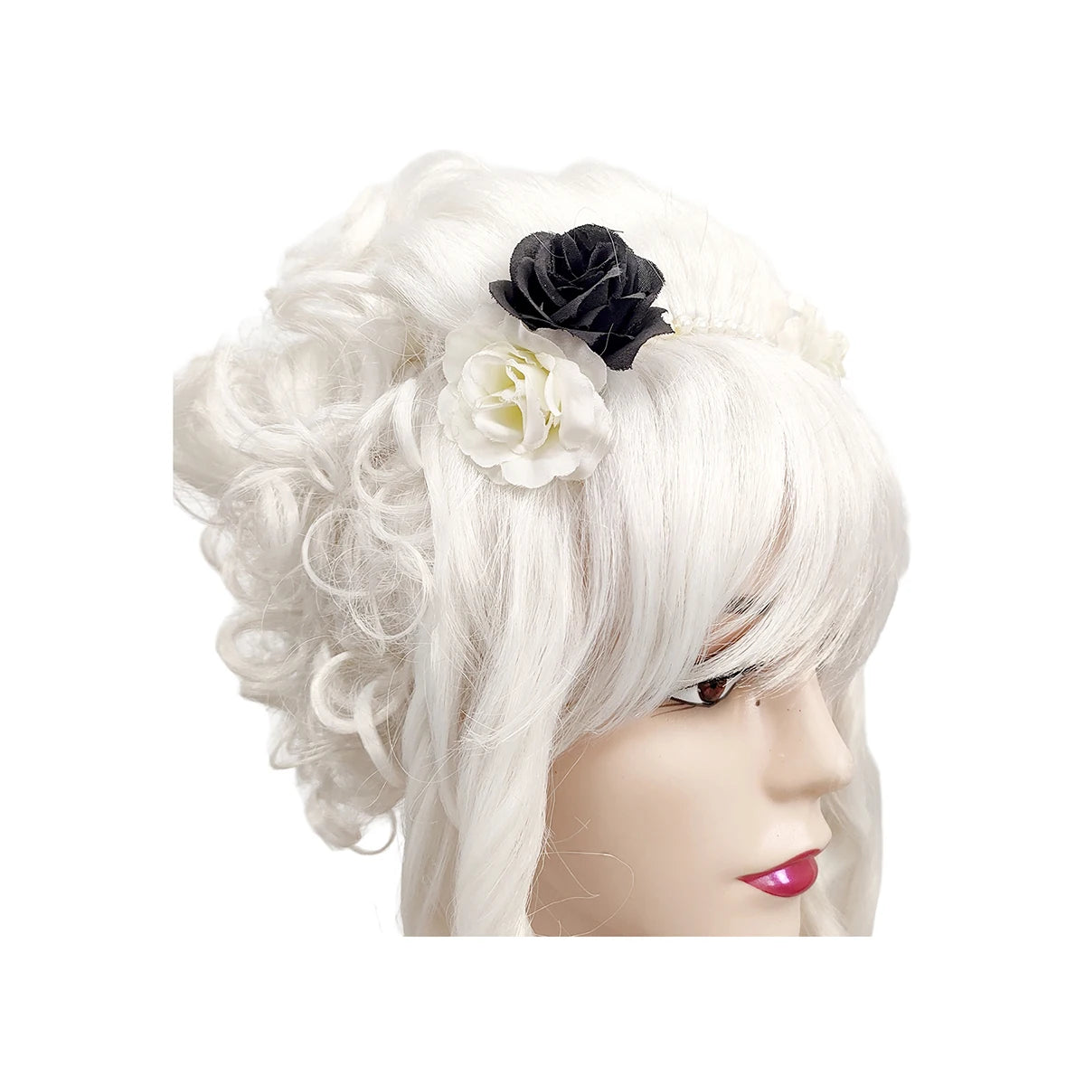 White Premium Synthetic Fiber Curly Wig with Bangs Spiral Curls Side Braids Fluffy Voluminous Updo with Pearl Flower Headband Black White Rose Accessories Lolita Gothic Style Adjustable Cap for Women Girls Cosplay Party Hallo