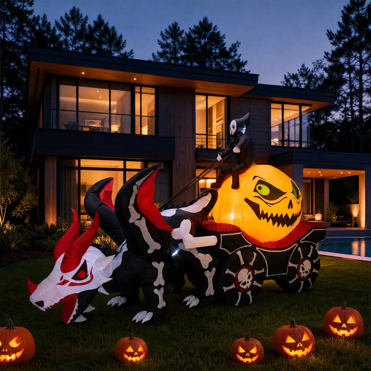 12ft Grim Reaper Dragon Carriage Halloween Inflatable With 3 Led Lights, Outdoor Yard Decoration For Lawn Porch Garden Party Display