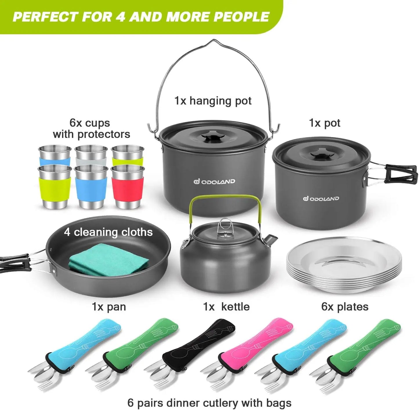 39pcs Large Size Non-Stick Camping Cookware Set with Hanging Pot Pan Kettle Base Outdoor Cooking Cutlery Included