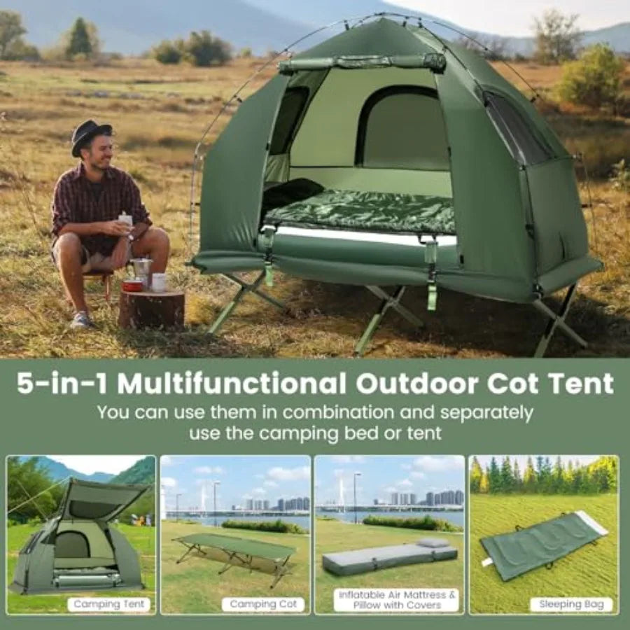 Camping Tent Cot 5-in-1 Folding Camping Bed with Air Mattress Pillow Sleeping Bag Waterproof Elevated Tent Shelter Portable Out