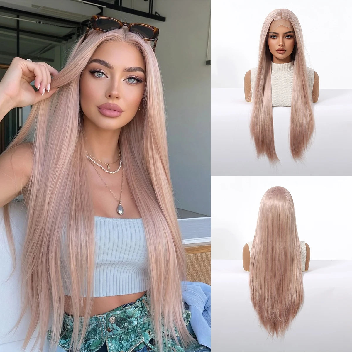Halloween Wig Long Straight Ash Pink 13x4 HD Lace Front Wig 30 Inch Heat Resistant Fiber Synthetic Wig Glueless Synthetic Transparent Lace Frontal Wigs Pre Plucked Pastel Rose Gold for Women