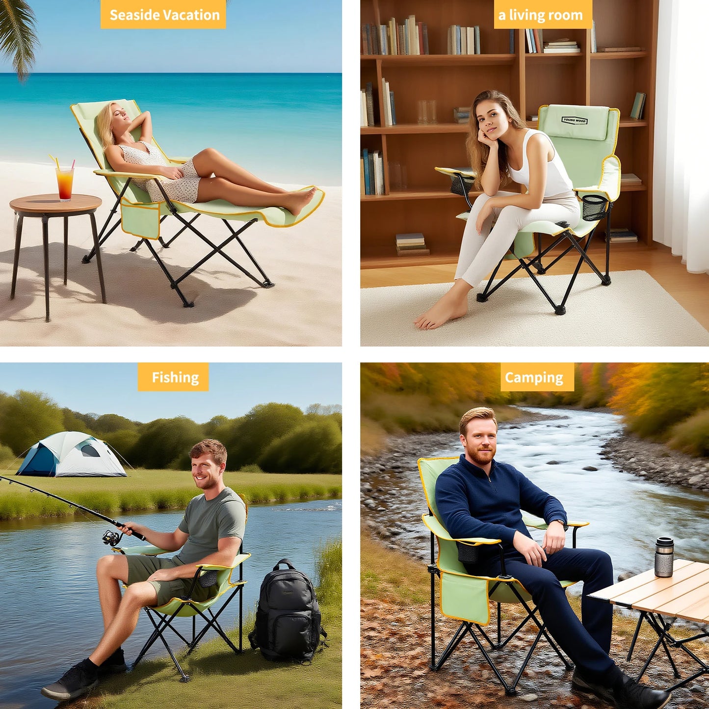 2-in-1 Reclining Camping Chair with Footrest, Foldable Outdoor Lounge Chair with Cup Holder & Headrest, Portable