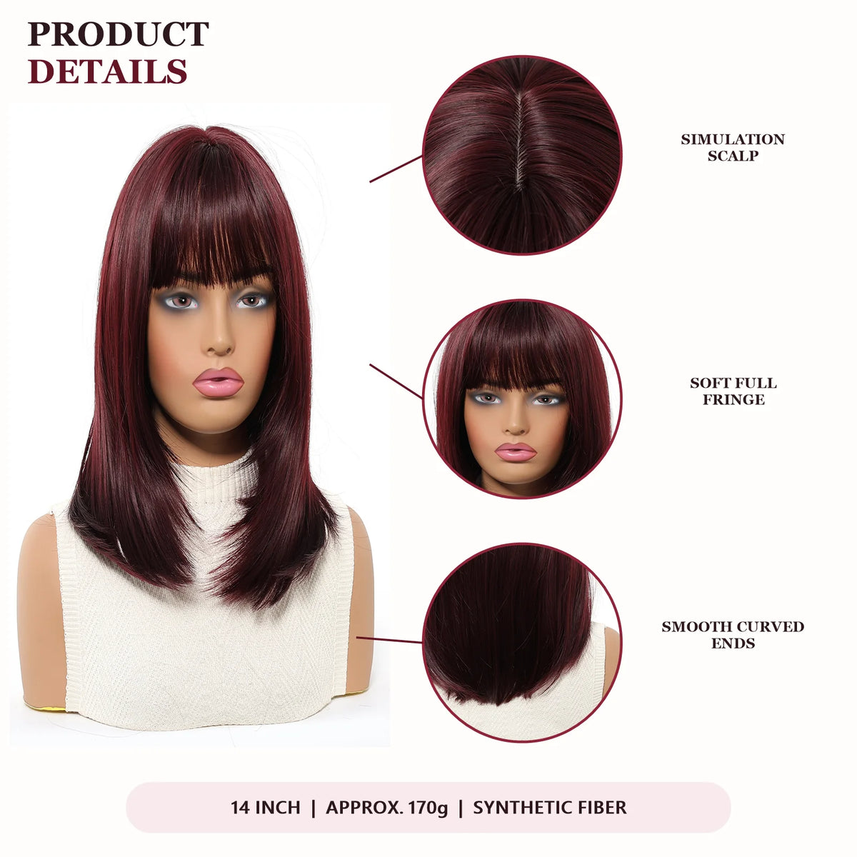 Halloween Wig TopShe Long Straight Wine Red Synthetic Wig with Bangs Heat Resistant Fiber Straight Bob wig for Woman Natural Looking Costume Party Cosplay Daily Wear Skin Friendly No Shedding No Tangles 170g Hot Sale
