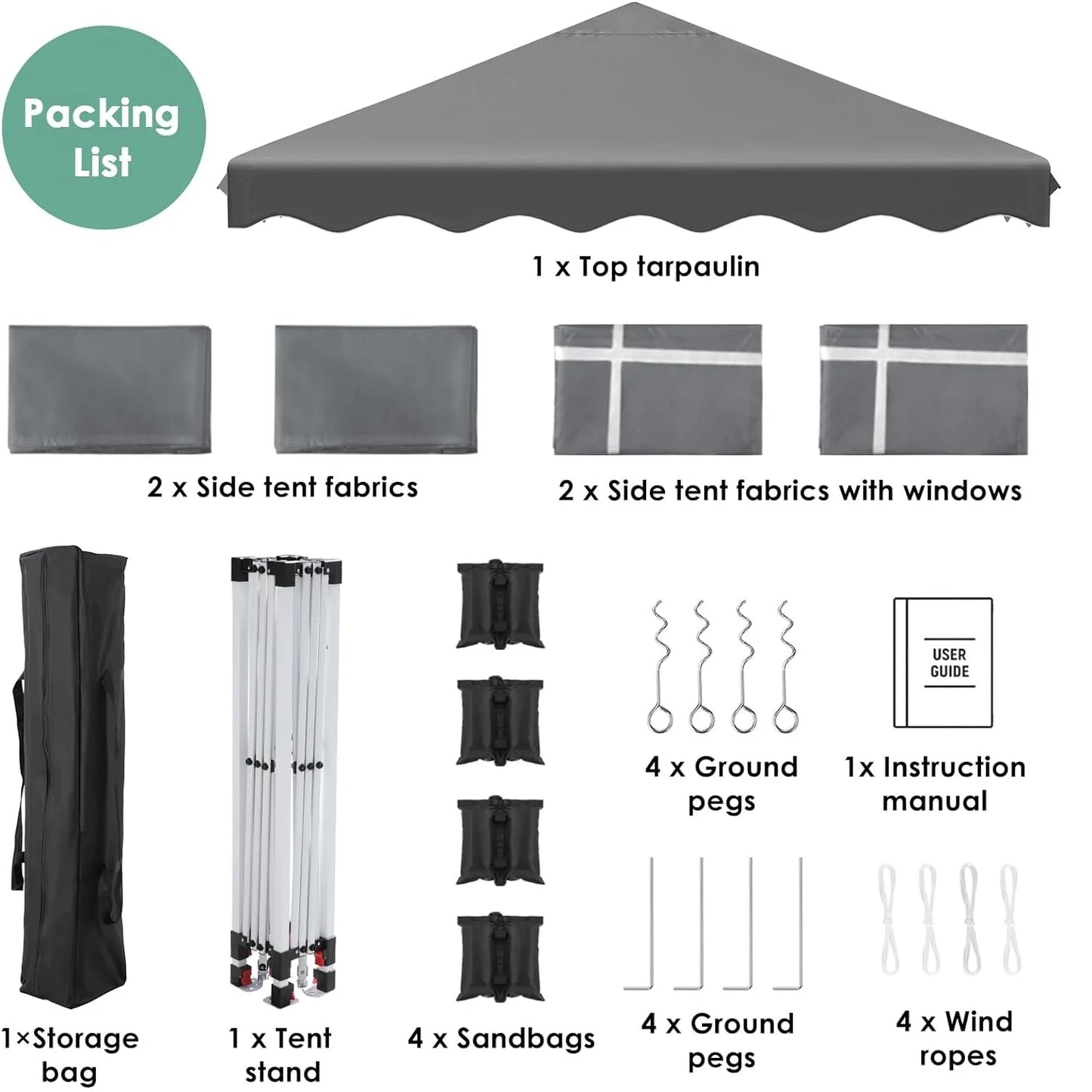3x3m Pop Up Gazebo Marquee Outdoor Garden Party Tent ,Folding Camping Tent Canopy w/4 Sides & Sandbags Waterproof UV+50 Grey