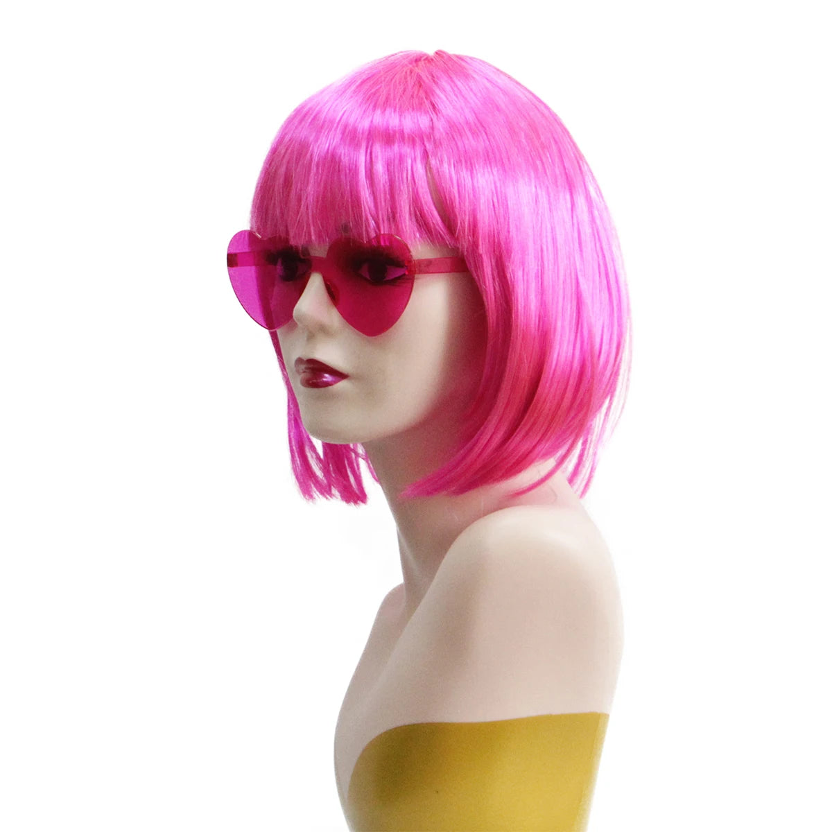 Hot Pink Bob Wig Synthetic Short Straight Bangs Heart Sunglasses Wig Cap Set Halloween Cosplay Costume Party Disco Bachelorette