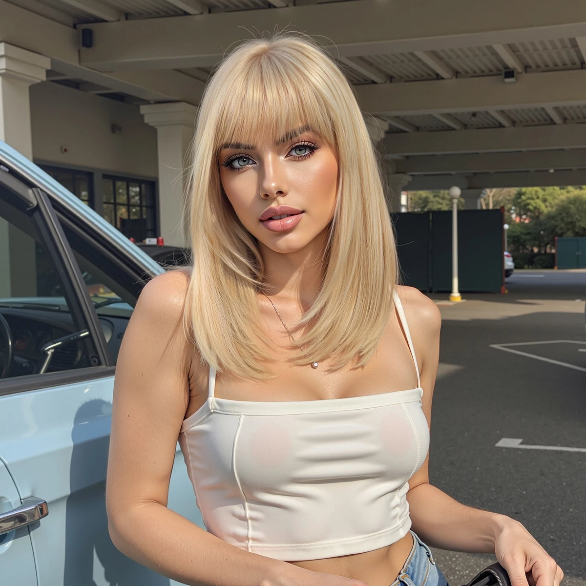 Halloween Wig TopShe Long Straight Golden Blonde Wig Synthetic Wig Heat Resistant Fiber Bob Wig with Bangs 14 Inch or Women Simulation Scalp Soft Full Fringe Natural Looking Hair Cosplay Party Daily Wear 170g
