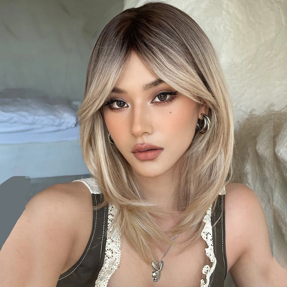Halloween Wig TopShe Long Natural Wave Wig with Bangs for Woman Blonde Wig with Dark Roots Synthetic Wig Heat Resistant Fiber Loose Wave Medium Length Layered Ombre Blonde Highlights Cosplay Party Wigs