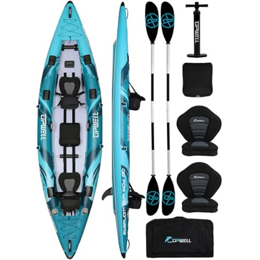 11'14'6 Inflatable Kayak with Drop Stitch Floor in Blue and Gray Includes Kayak Seat with Thickened Cushion Paddle Fin Repair Kit
