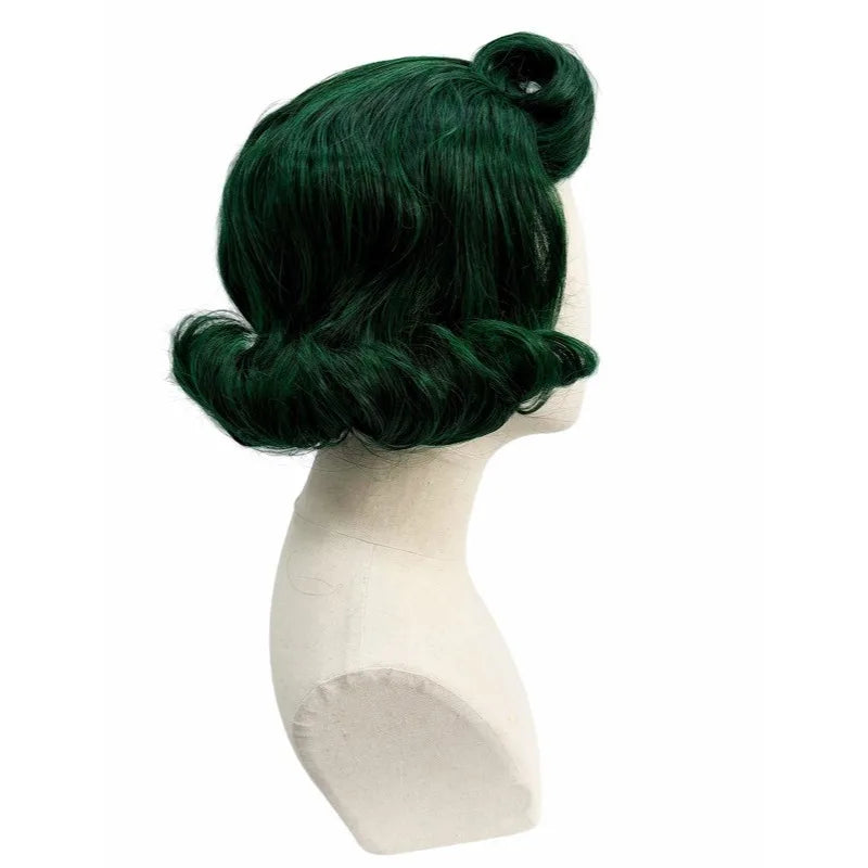 Dark Green Premium Synthetic Fiber Short Curly Wig with Bangs Cat Ears Top Bun Updo Fluffy Voluminous Retro Vintage Waves Inner Outer Curls Heat Resistant Adjustable Cap for  Cosplay Party Halloween Costume Role Play Stage Sh