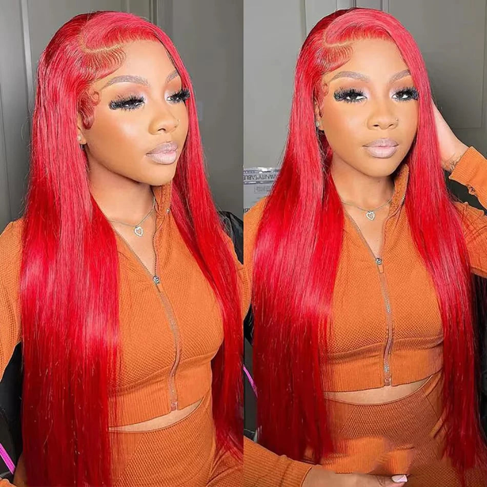 Hot Red 13x6 HD Lace Frontal Human Hair Wigs Malaysian Colored  Human hair Wigs Straight Lace Frontal Wig Bright Red Transparent Lace Wigs For Women