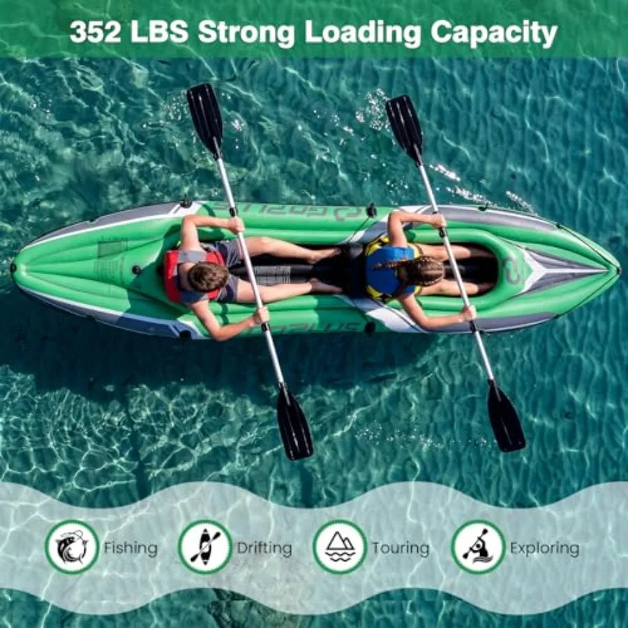 Inflatable Kayak For Lake And River Fishing, PVC Material, Blue And Gray, Durable Heavy-Duty Tandem Touring Design With Aluminu