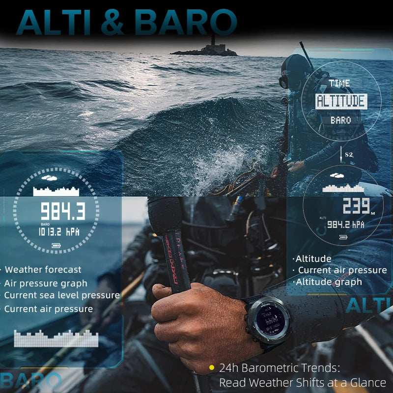 NORTH EDG APACHE-D Men's Digital Free Dive Watch Outdoor Sport Watches Carbon Fiber Case Altitude Barometer Compass World Time Waterproof 100M