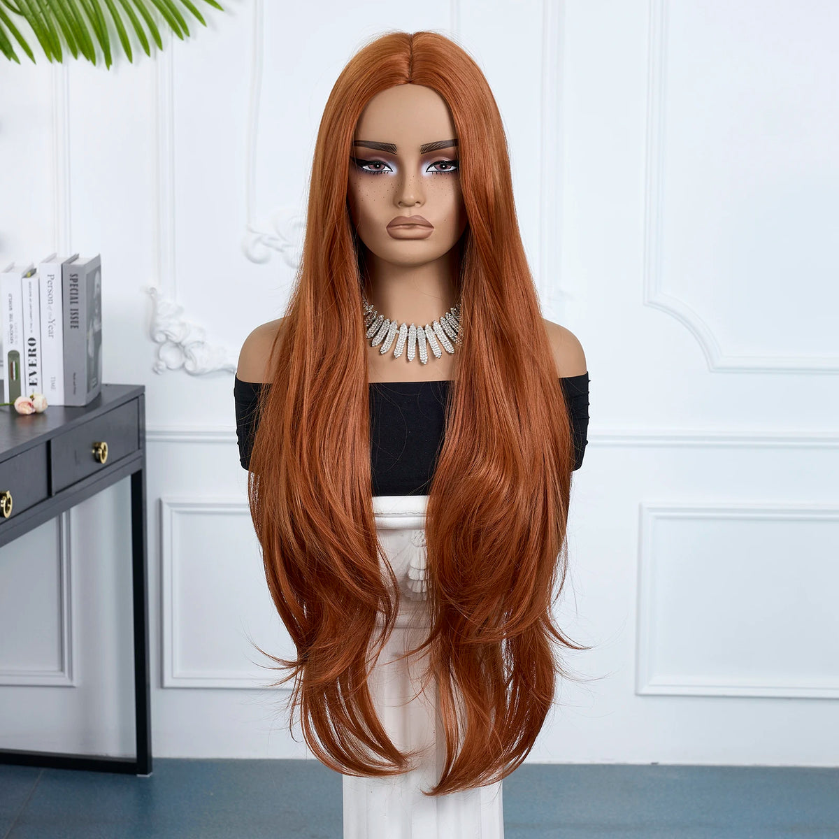 Halloween Wig Brown Synthetic Wig Ginger Orange Long Straight Wig for Woman Heat Resistant Fiber Copper Red Long Layered Straight Middle Part Wig Suitable for Cosplay Party Costumes Daily Wear Natural Looking