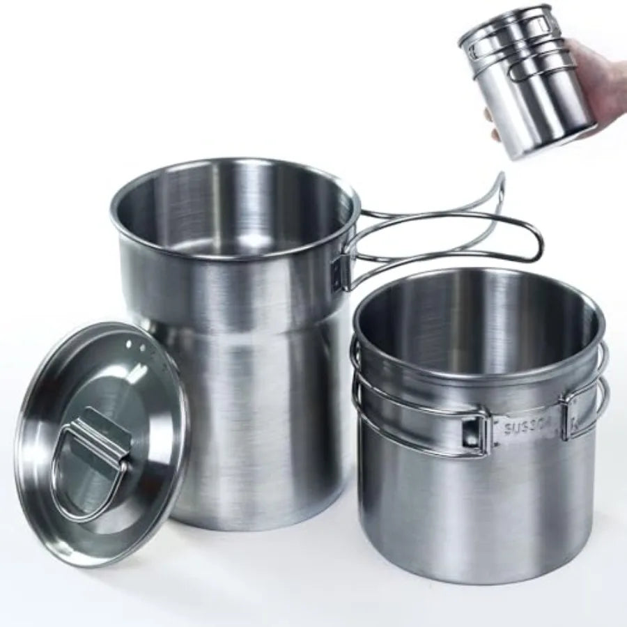 Foldable Camping Cups Mugs Camping Pot Cookware 304-Food-Grade Outdoor Camp Cooking Set with Vented lid, Stainless Steel Backpa