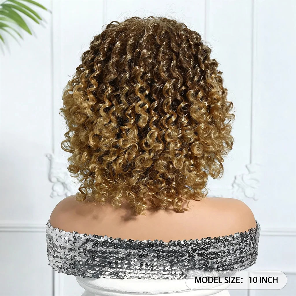Halloween Wig TopShe 10In Goth Afro Puff Wig Brown Kinky Curl Women Synthetic Wigs Heat Resistant Short Kinky Curly Bob Wig with Bangs for Women's Daily Wear Suitable for Parties Cosplay Daily Wear