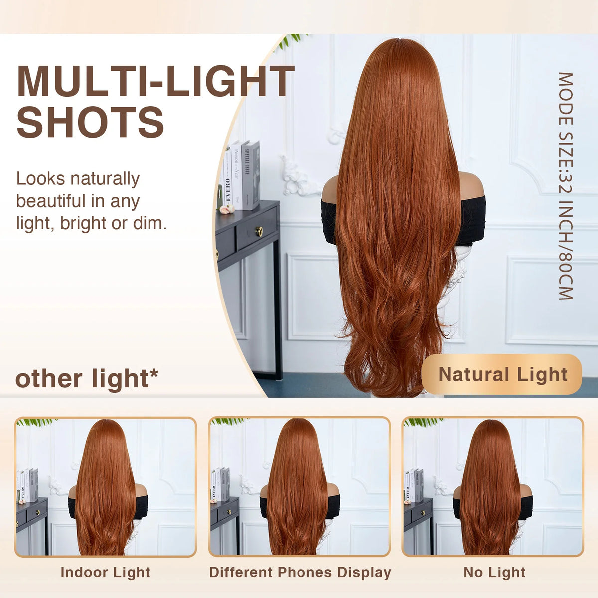 Halloween Wig Brown Synthetic Wig Ginger Orange Long Straight Wig for Woman Heat Resistant Fiber Copper Red Long Layered Straight Middle Part Wig Suitable for Cosplay Party Costumes Daily Wear Natural Looking