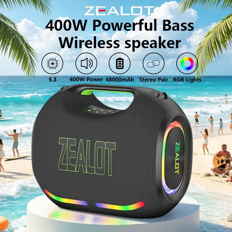 ZEALOT-ZE21 400W Big Power Wireless Bluetooth Peaker Outdoor Portable 48000mAh Long Battery With RGB Color Lights TWS Subwoofer High Volume Waterproof Bluetooth Speaker