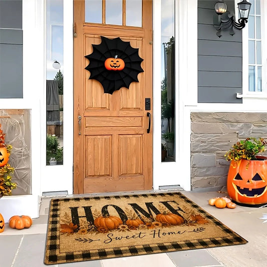 1pc Autumn Harvest Pumpkin Entrance Doormat, Thick Flannel Non-Slip Machine Washable Rug, Thanksgiving Indoor Floor Mat for Front Door Kitchen Bathroom Living
