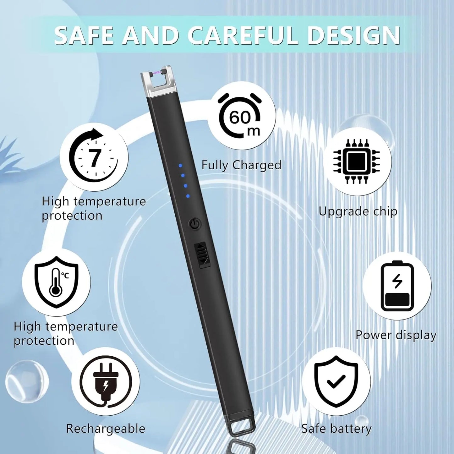 Rechargeable Electric Lighter with Battery Indicator and Safety Switch for Candles, BBQ, Camping