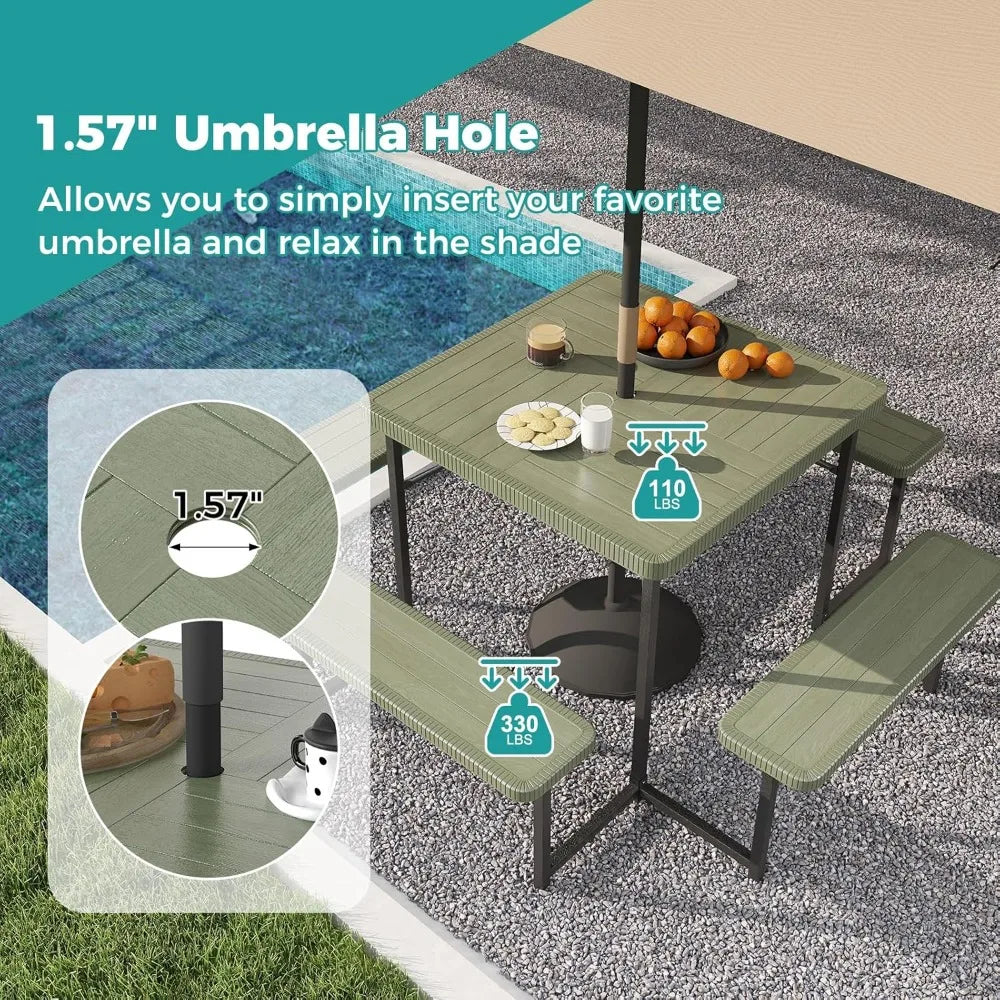 Picnic Table Bench Set for 4-8 People, 34" Outdoor Square Dining Table & 2 Benches W/Umbrella Hole, Customized