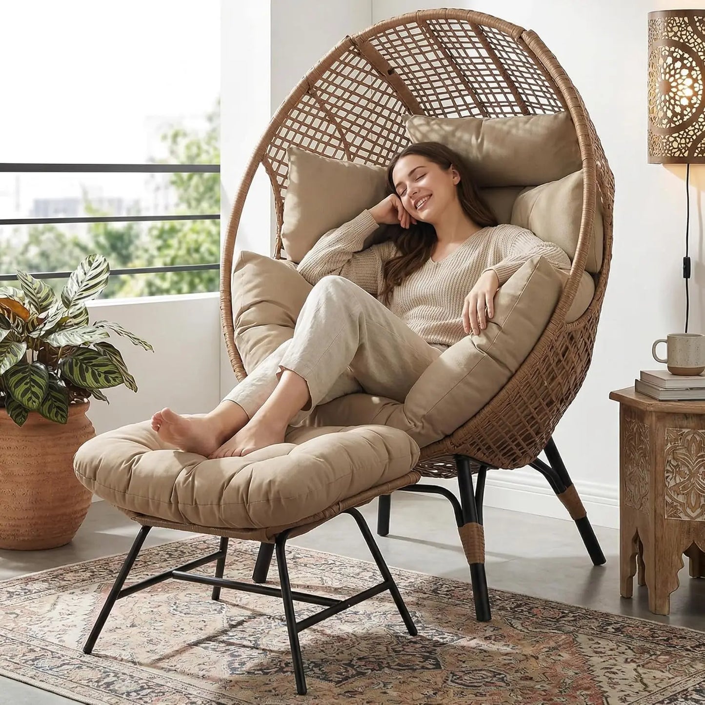 Indoor Outdoor Egg Chair with Ottoman Thick Cushioned Lounge w/Footrest 440lbs for Patio Balcony Bedroom Sunroom, Customized
