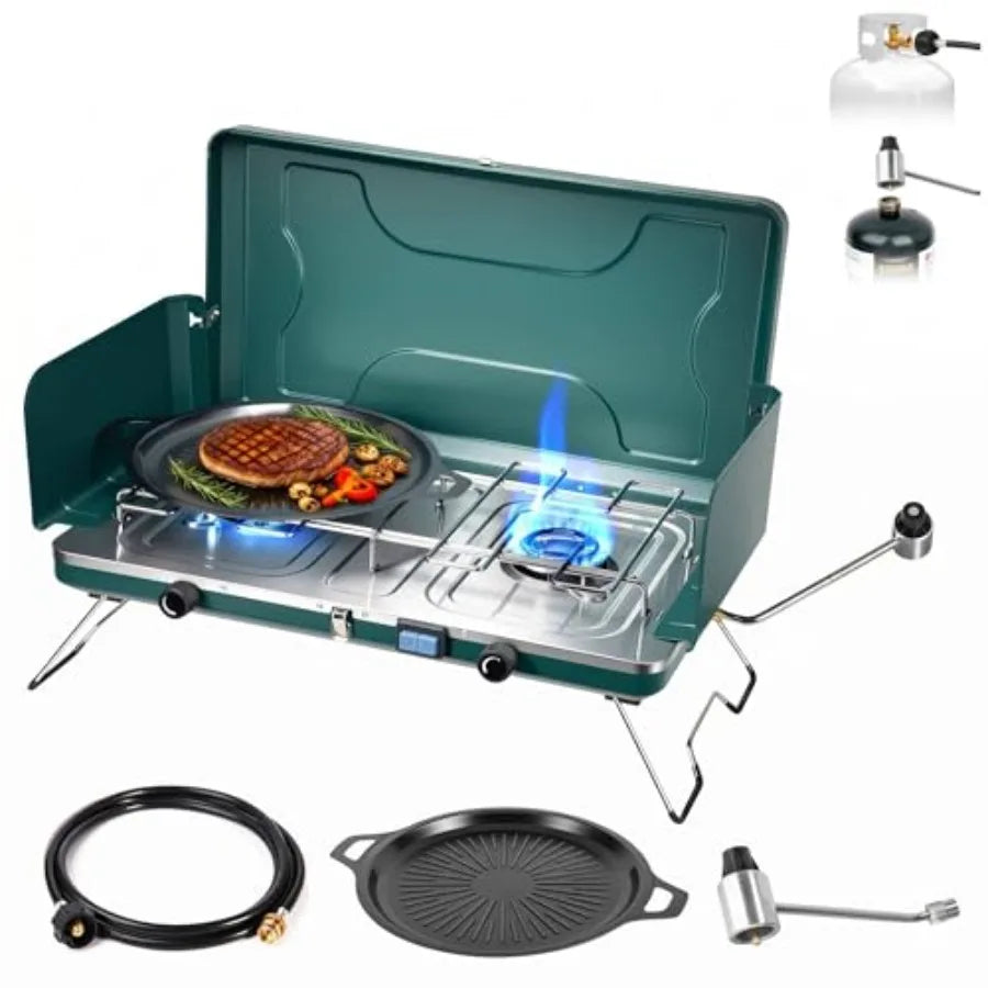 Propane or Butane Stove with Windblocker, Dual Fuel 10, 000 BTU Portable Gas stove for Camping, Automatic Ignition Gas Stove wi